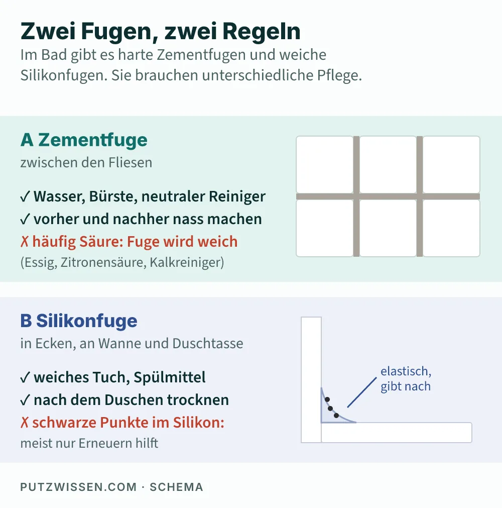 Grafik mit zwei Feldern: oben Fliesen mit grauen Zementfugen und Pflegeregeln, unten eine Ecke zwischen Wand und Wanne mit Silikonfuge und schwarzen Punkten